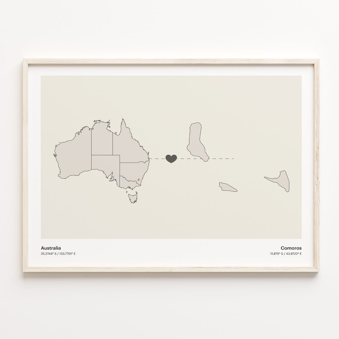 Australia to Comoros Minimalist Heart Couple Connection Map Poster