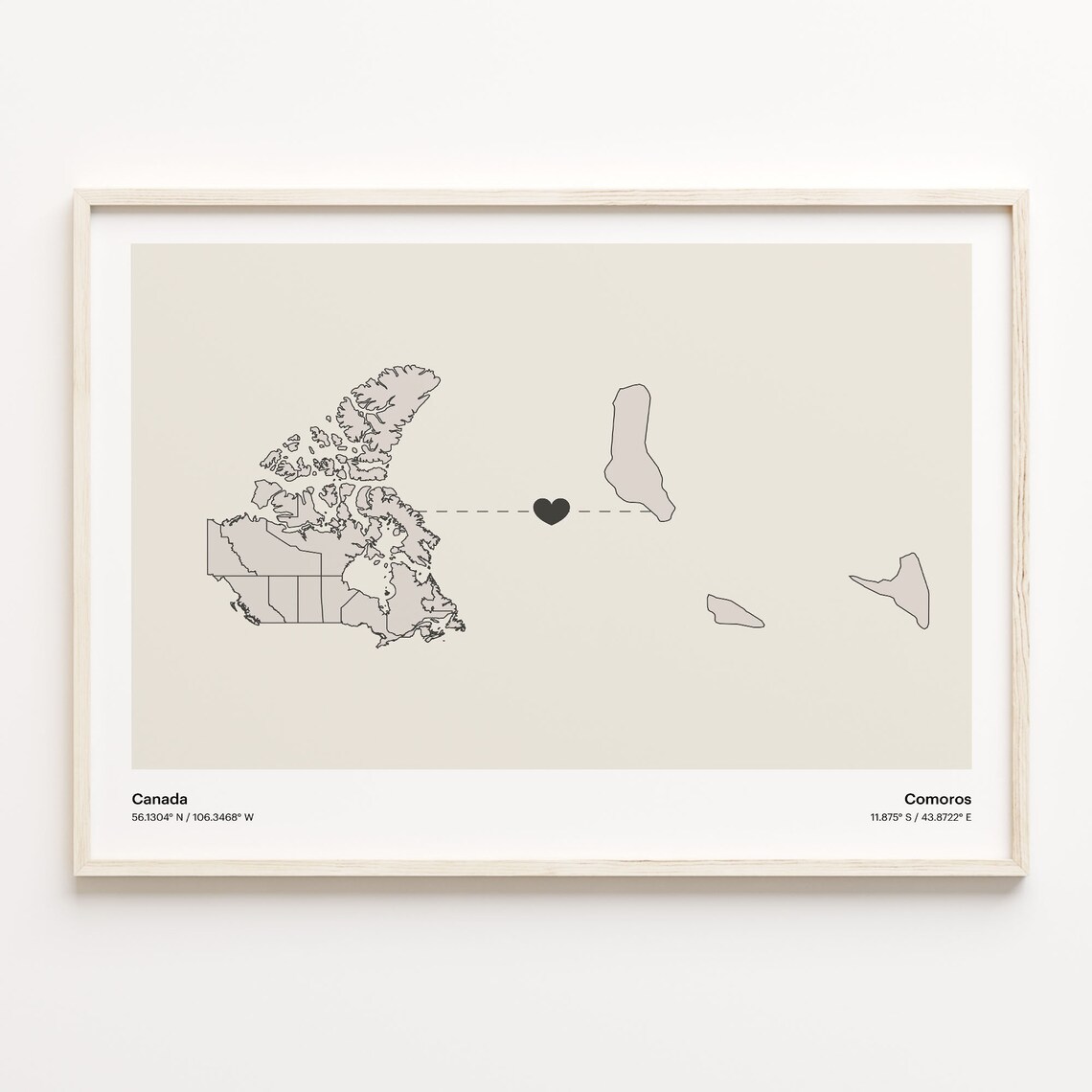 Canada To Comoros Long Distance Love Minimalist Map Art Poster