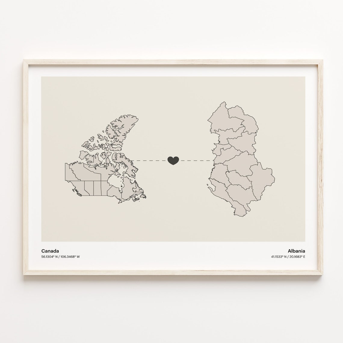 Canada To Albania Long Distance Love Minimalist Map Art Poster