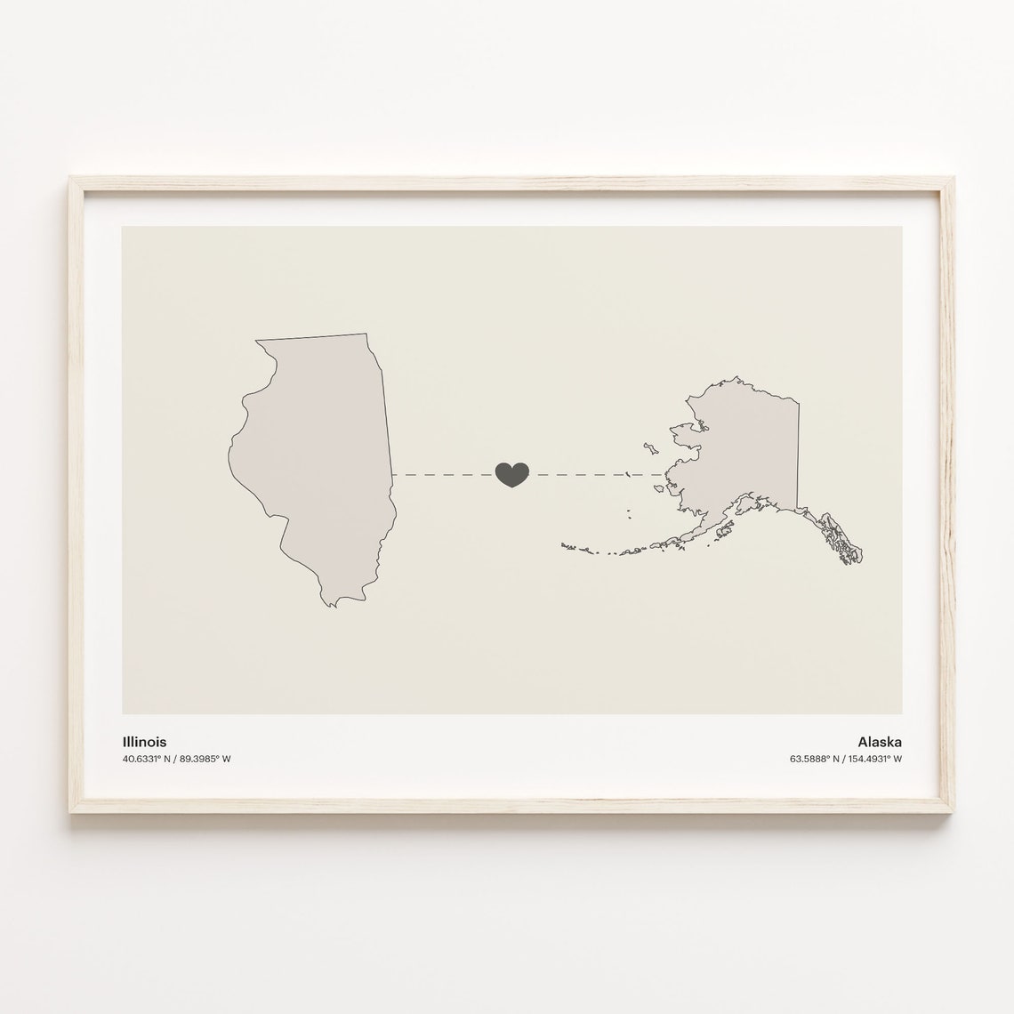Illinois to Alaska Long Distance Heart Connection Map Poster