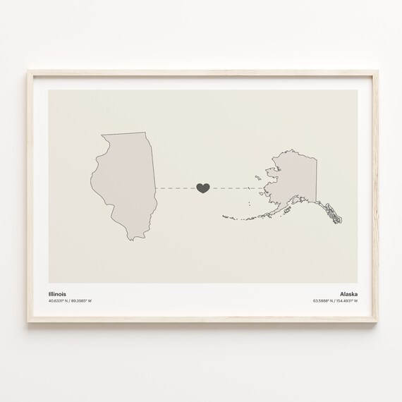 Illinois to Alaska Long Distance Heart Connection Map Poster