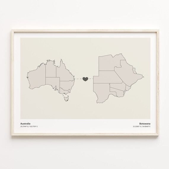 Australia to Botswana Minimalist Heart Connection Map Poster
