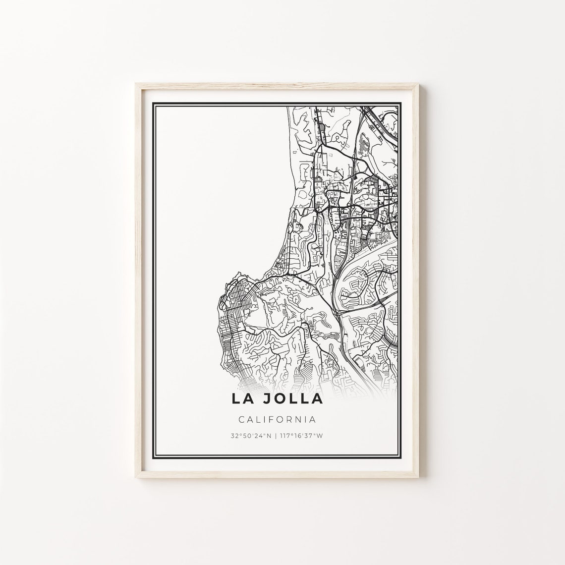 La Jolla California Modern Minimalist Black and White City Map Poster