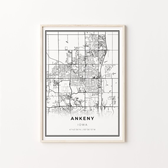 Ankeny Iowa Minimalist Black And White City Map Art Poster With Coordinates