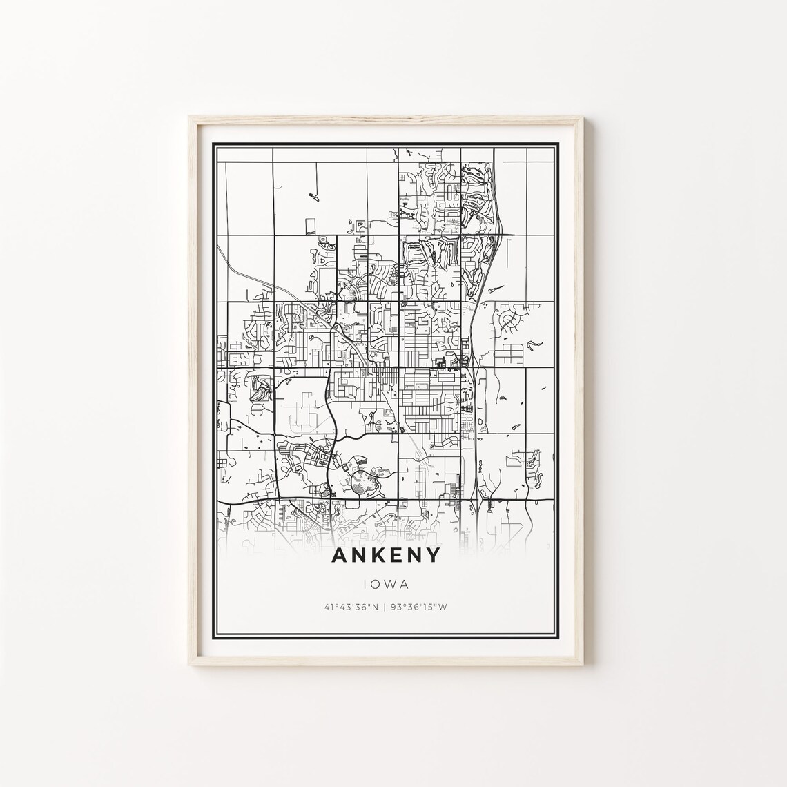 Ankeny Iowa Minimalist Black And White City Map Art Poster With Coordinates