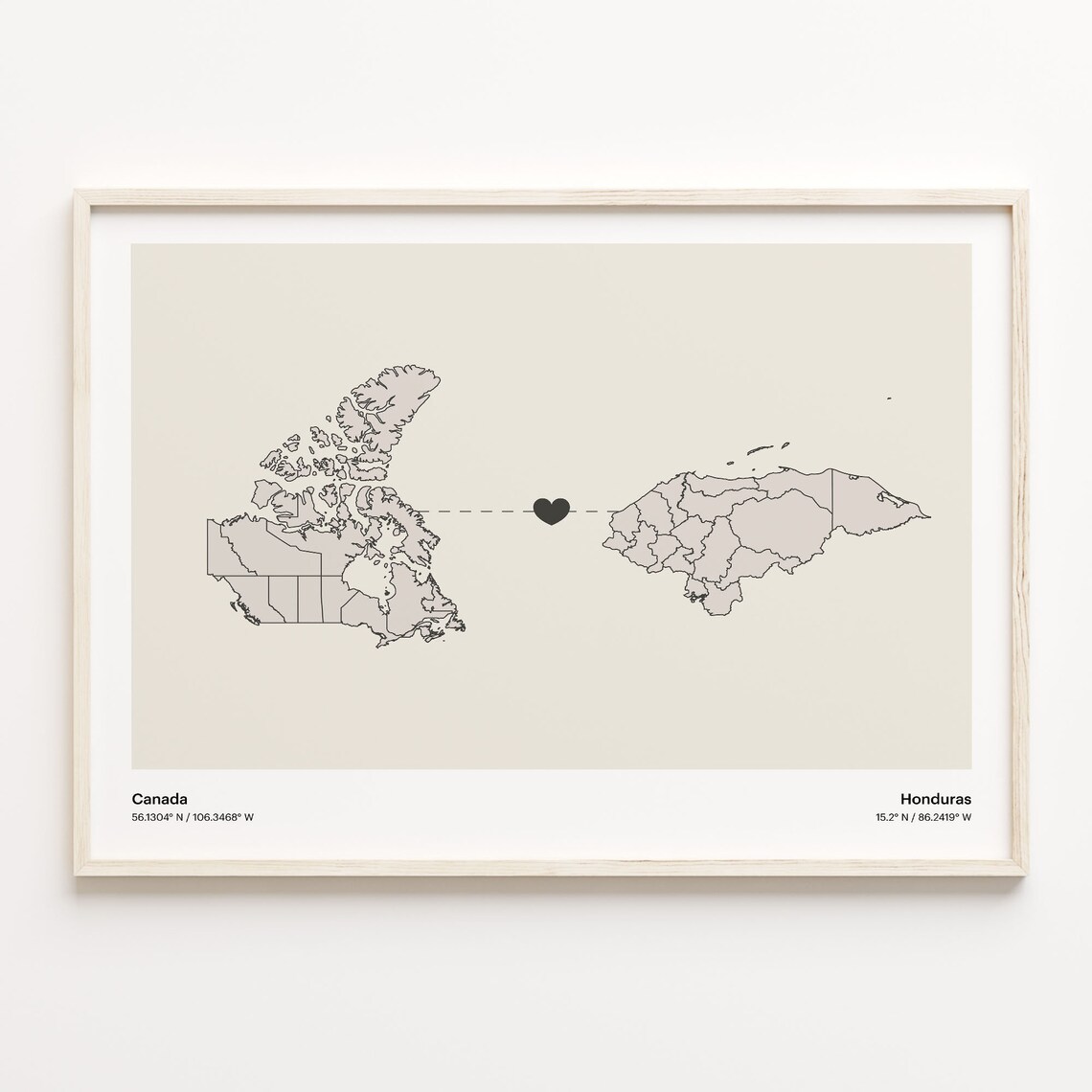 Canada To Honduras Minimalist Love Connection Map Travel Poster