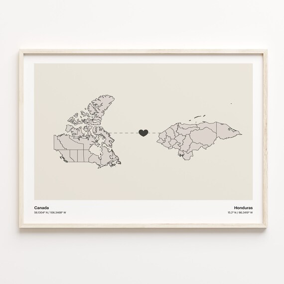 Canada To Honduras Minimalist Love Connection Map Travel Poster