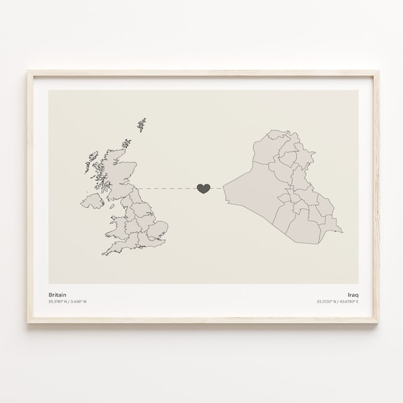Britain To Iraq Heart Connection Minimalist Map Art Print Gift
