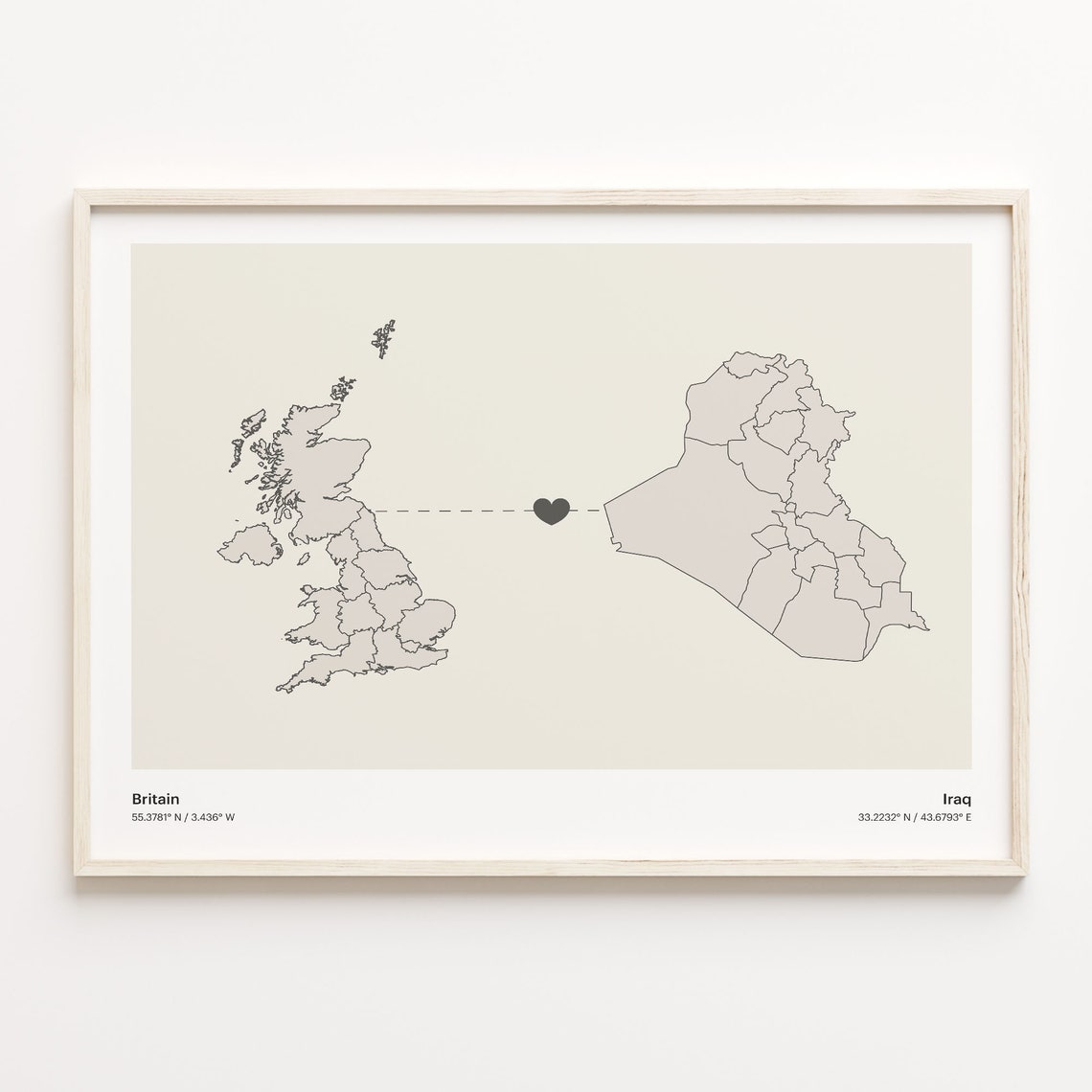 Britain To Iraq Heart Connection Minimalist Map Art Print Gift