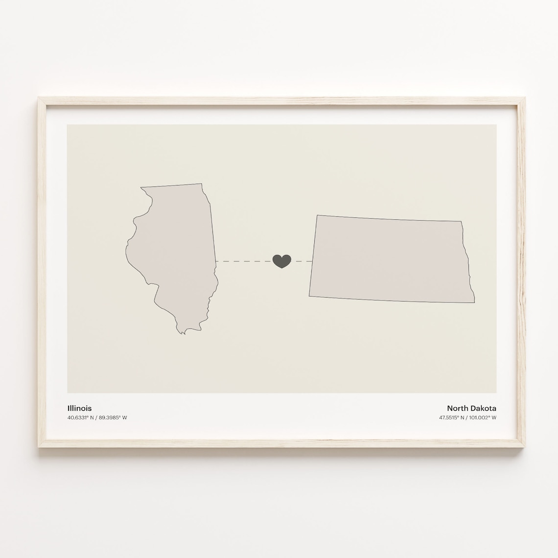 Illinois To North Dakota Heart Connection Minimalist Map Poster