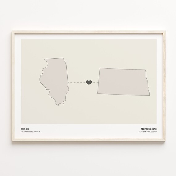 Illinois To North Dakota Heart Connection Minimalist Map Poster