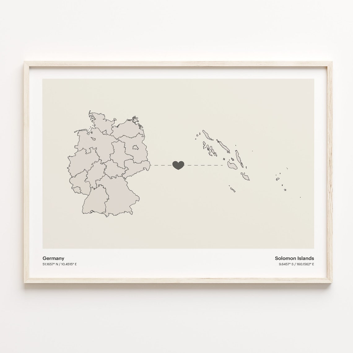 Germany To Solomon Islands Heart Connection Minimalist Map Poster