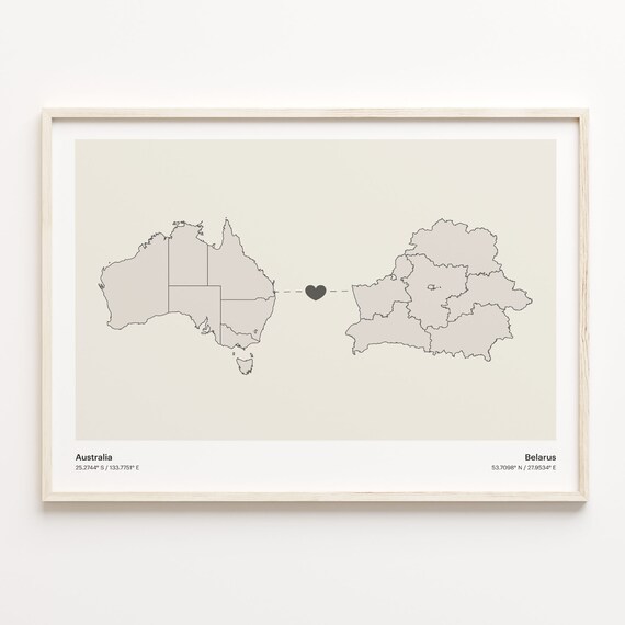 Australia to Belarus Minimalist Heart Couple Connection Map Poster