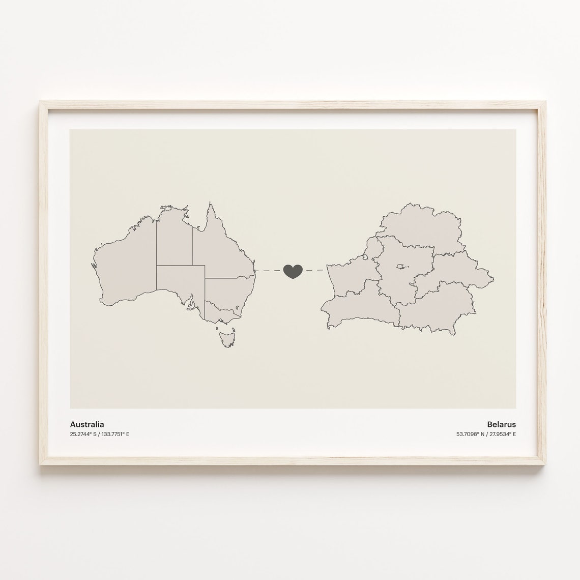 Australia to Belarus Minimalist Heart Couple Connection Map Poster