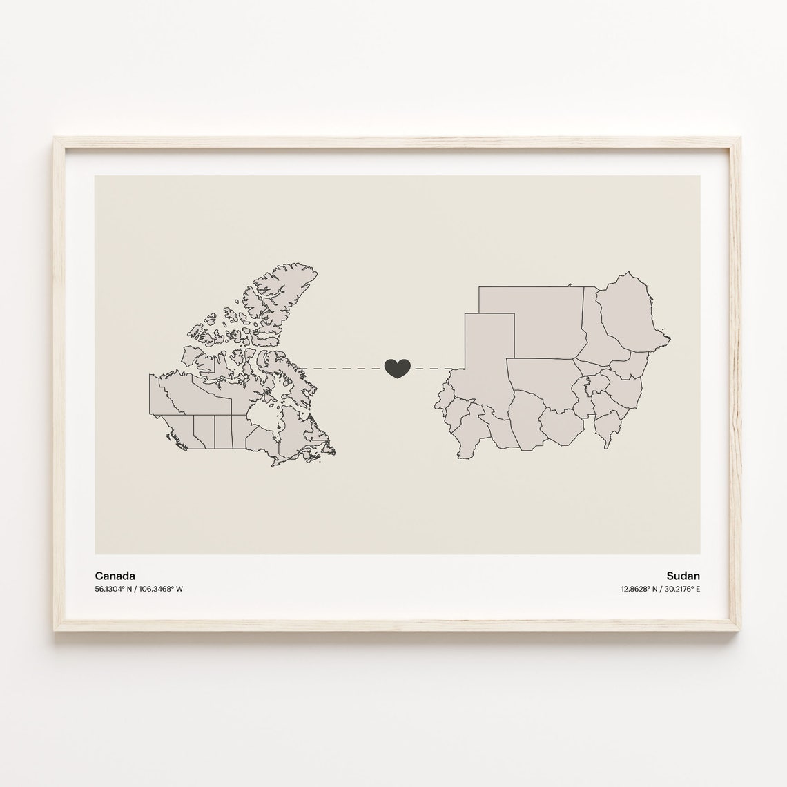 Canada and Sudan Long Distance Love Country Connection Map Poster