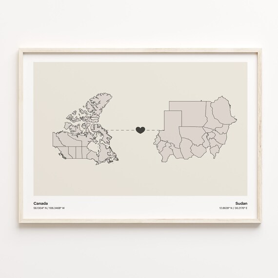 Canada and Sudan Long Distance Love Country Connection Map Poster