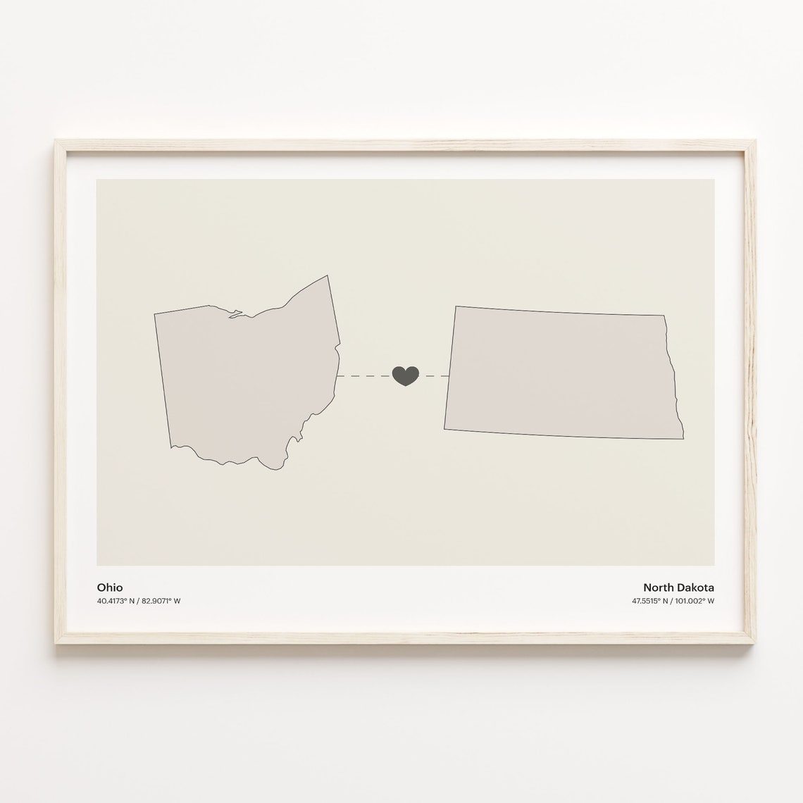 Ohio to North Dakota Minimalist Long Distance Connection Map Poster