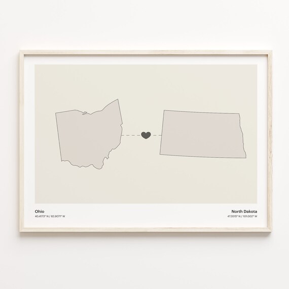 Ohio to North Dakota Minimalist Long Distance Connection Map Poster