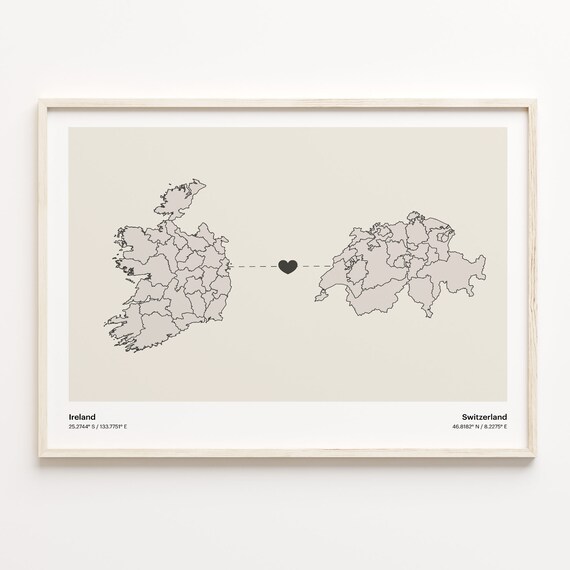 Ireland to Switzerland Long Distance Heart Map Minimalist Connection Poster