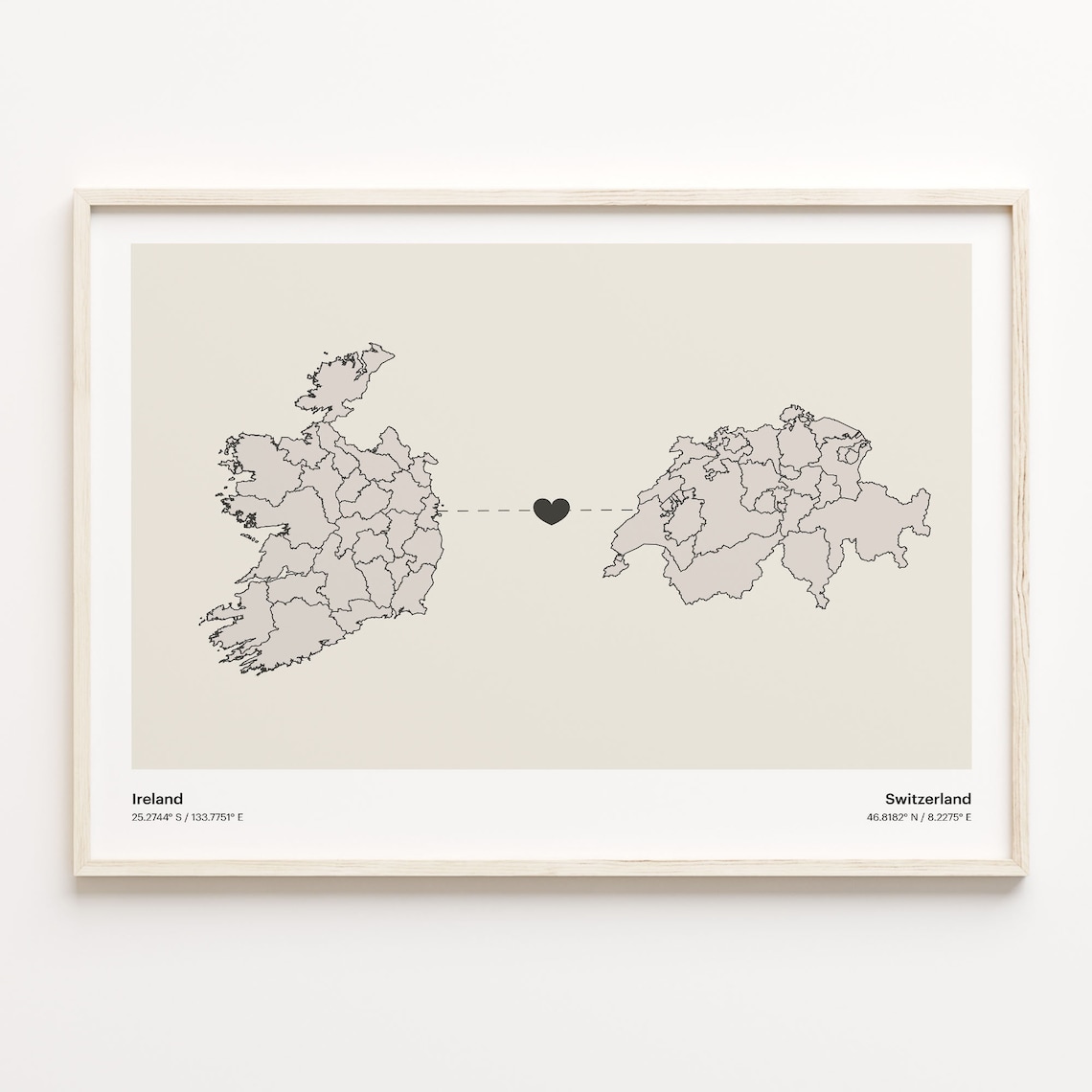 Ireland to Switzerland Long Distance Heart Map Minimalist Connection Poster