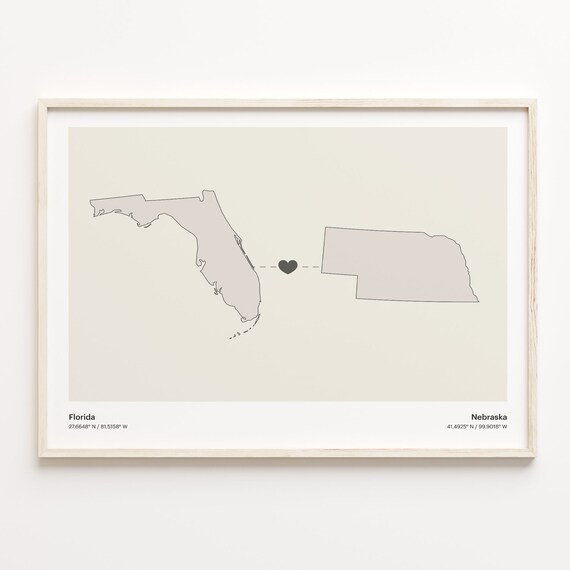 Florida and Nebraska Long Distance Heart Connection Map Poster