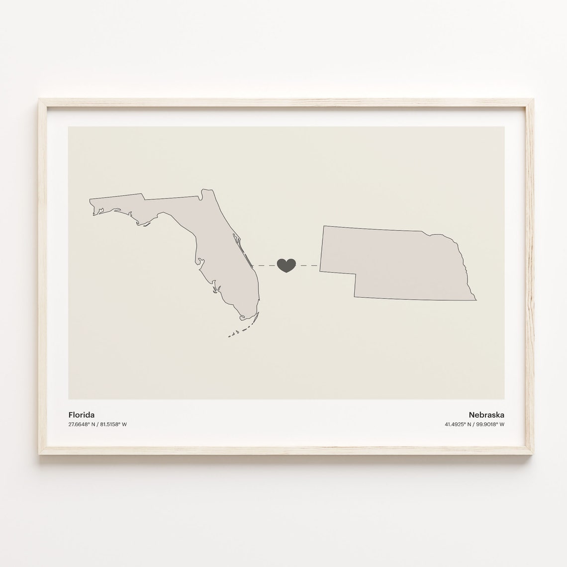 Florida and Nebraska Long Distance Heart Connection Map Poster