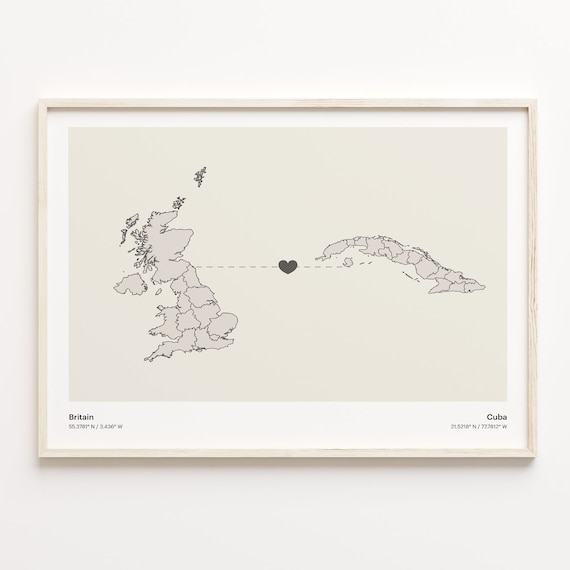 Britain To Cuba Minimalist Love Heart Connection Art Map Poster