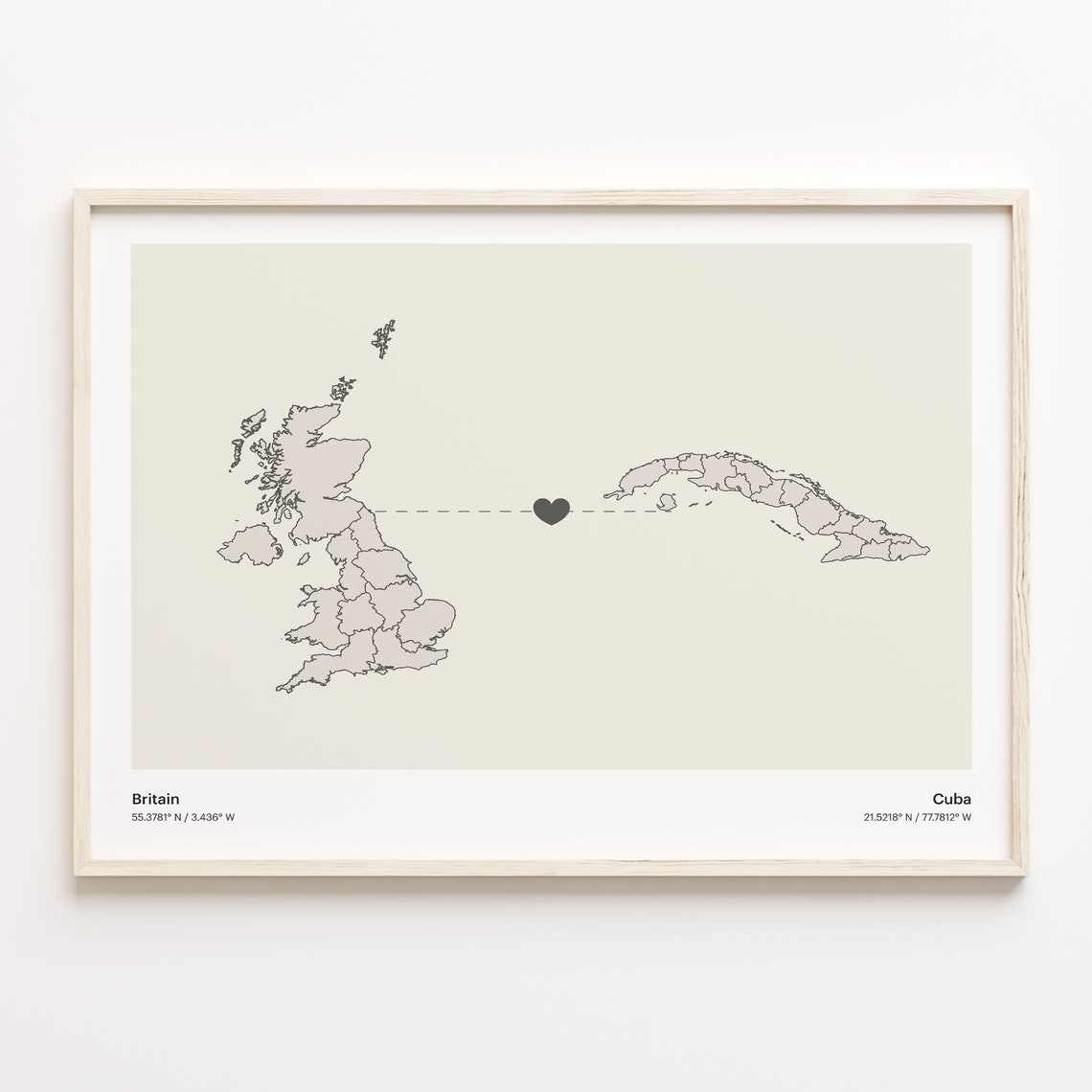 Britain To Cuba Minimalist Love Heart Connection Art Map Poster