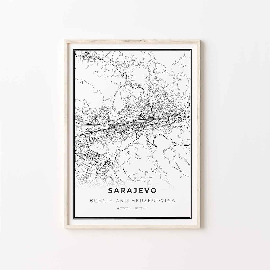 Sarajevo Bosnia And Herzegovina Modern Black And White Street Map Coordinates Poster