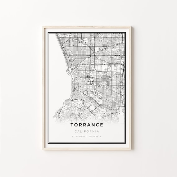Torrance California Modern Minimalist Black Line City Map Wall Art