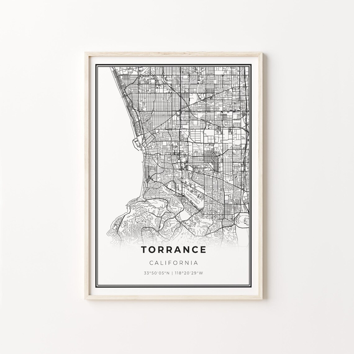 Torrance California Modern Minimalist Black Line City Map Wall Art