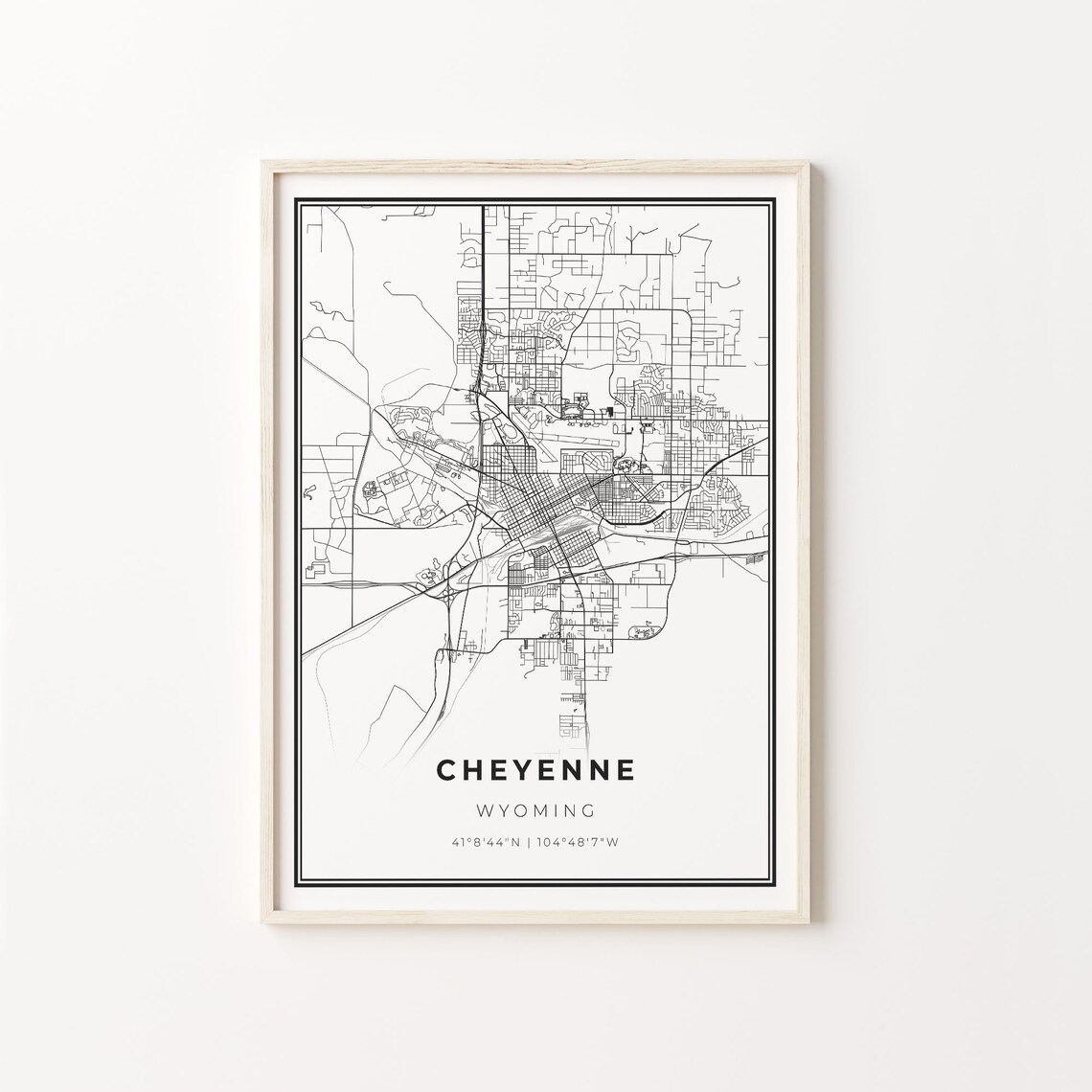 Cheyenne Wyoming City Map Black White Street Line Art Minimalist Poster