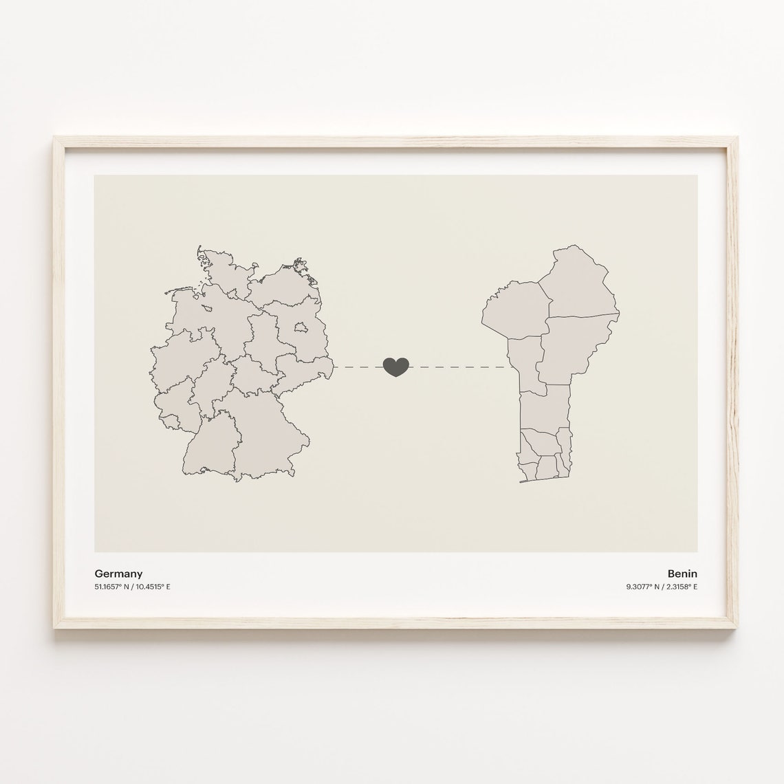 Germany To Benin Minimalistic Heart Love Connection Map Poster