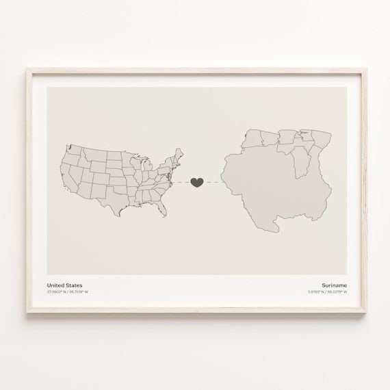 United States to Suriname Heart Connection Minimalist Country Map Poster