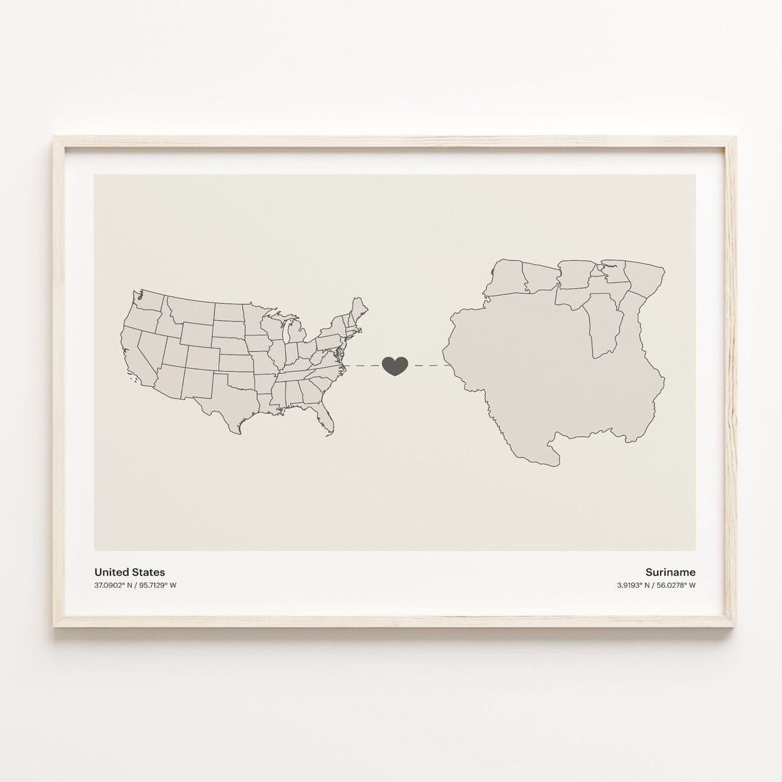United States to Suriname Heart Connection Minimalist Country Map Poster