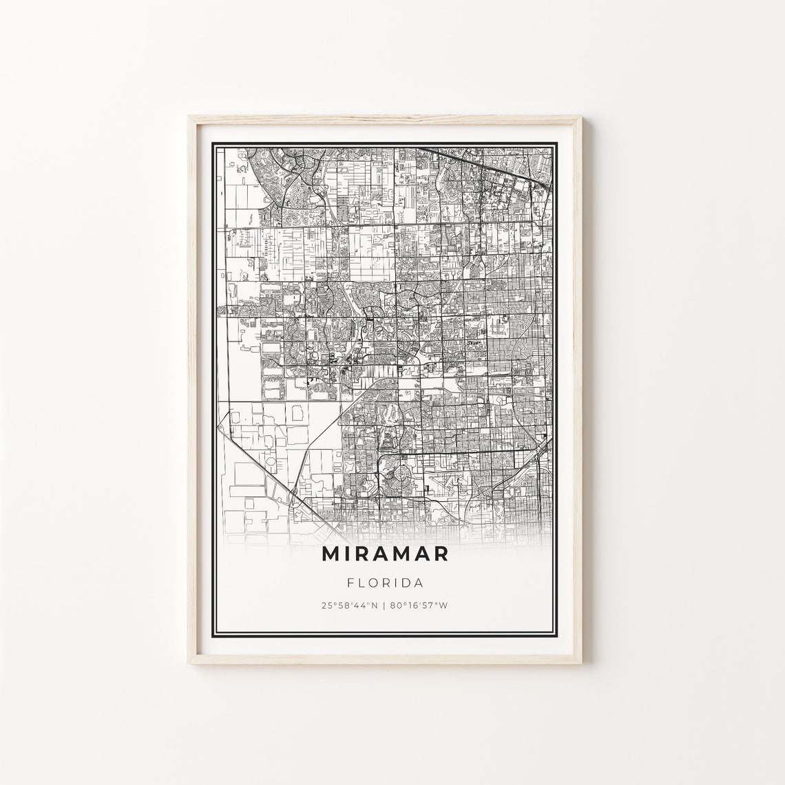 Miramar Florida Minimalist Modern Black And White City Map Poster