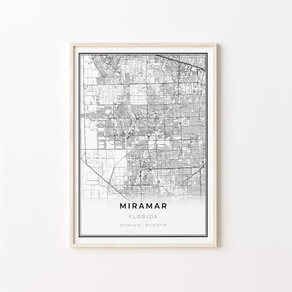 Miramar Florida Minimalist Modern Black And White City Map Poster