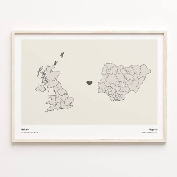 Britain to Nigeria Minimalist Long Distance Heart Map Connection Poster