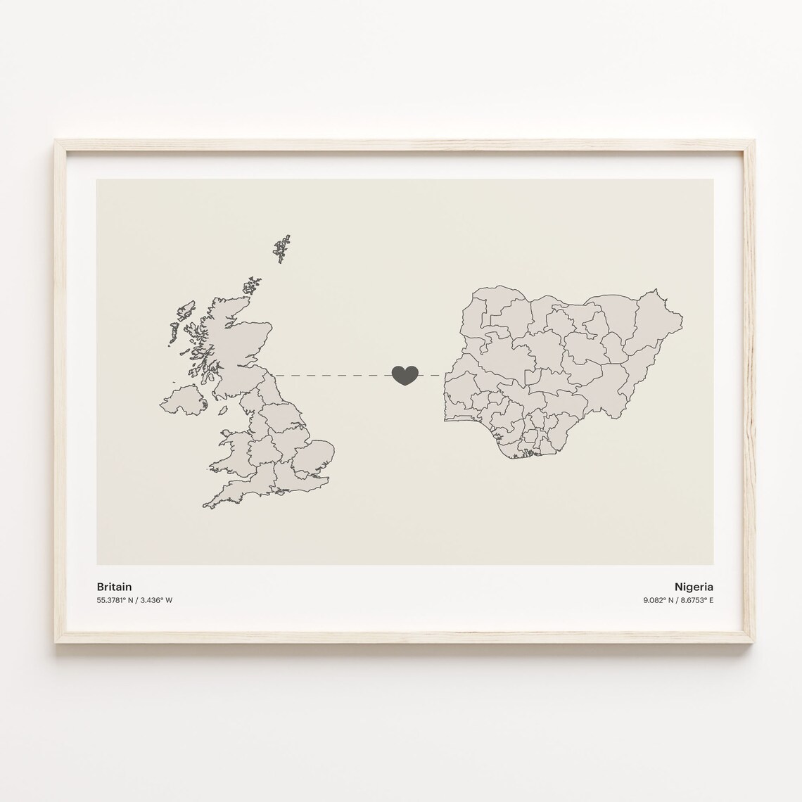 Britain to Nigeria Minimalist Long Distance Heart Map Connection Poster