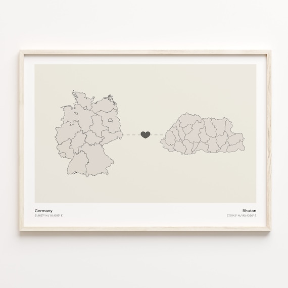 Germany To Bhutan Minimalistic Heart Love Connection Map Poster