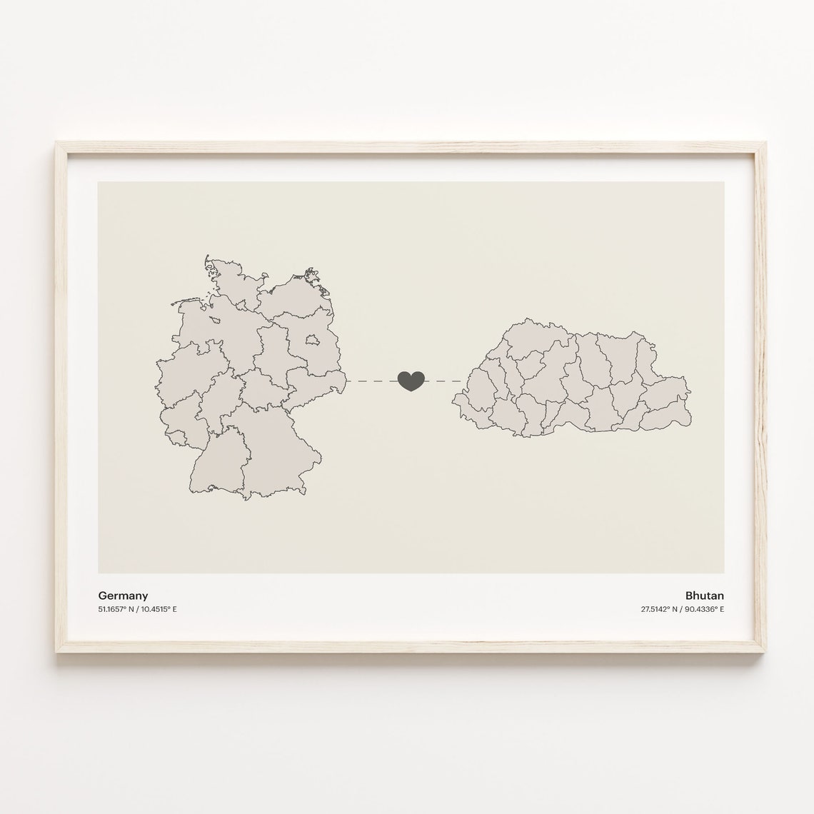 Germany To Bhutan Minimalistic Heart Love Connection Map Poster