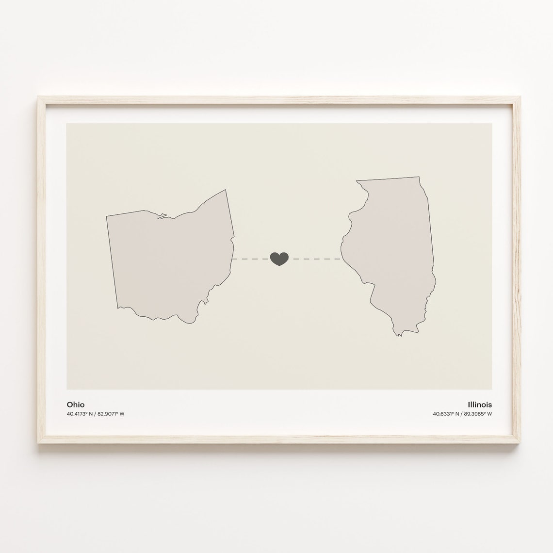 Ohio Illinois State Beige Minimalist Heart Connection Map Poster