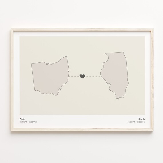 Ohio Illinois State Beige Minimalist Heart Connection Map Poster