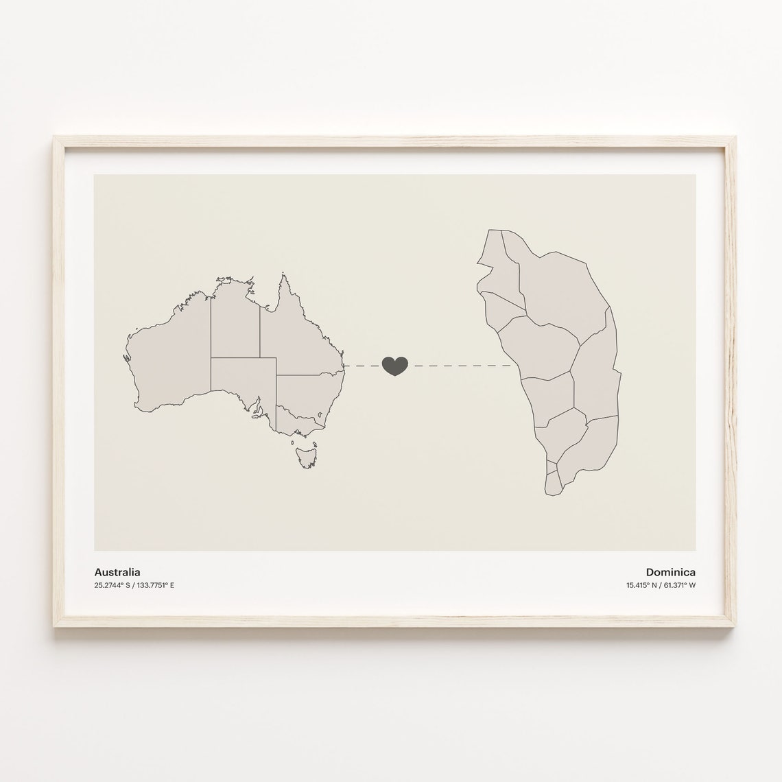 Australia To Dominica Heart Map Minimalist Country Connection Poster