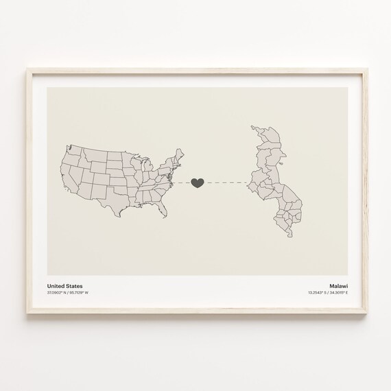 United States to Malawi Minimalist Heart Map Connection Poster
