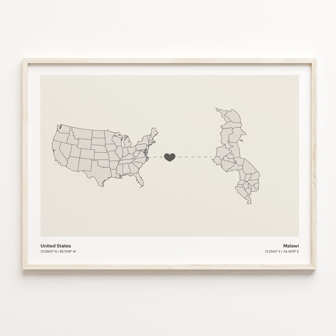 United States to Malawi Minimalist Heart Map Connection Poster
