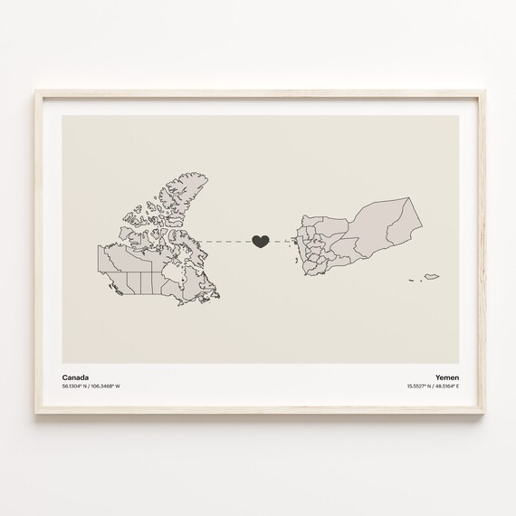 Canada to Yemen Long Distance Heart Map Connection Poster Gift