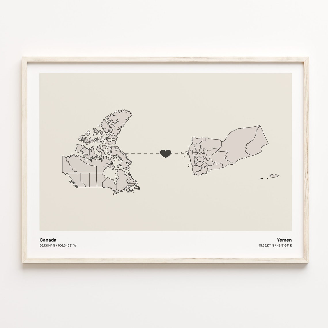 Canada to Yemen Long Distance Heart Map Connection Poster Gift