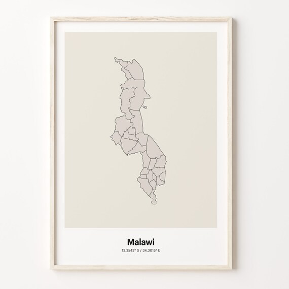 Malawi Minimalist Country Outline Map Beige Coordinate Line Art Poster