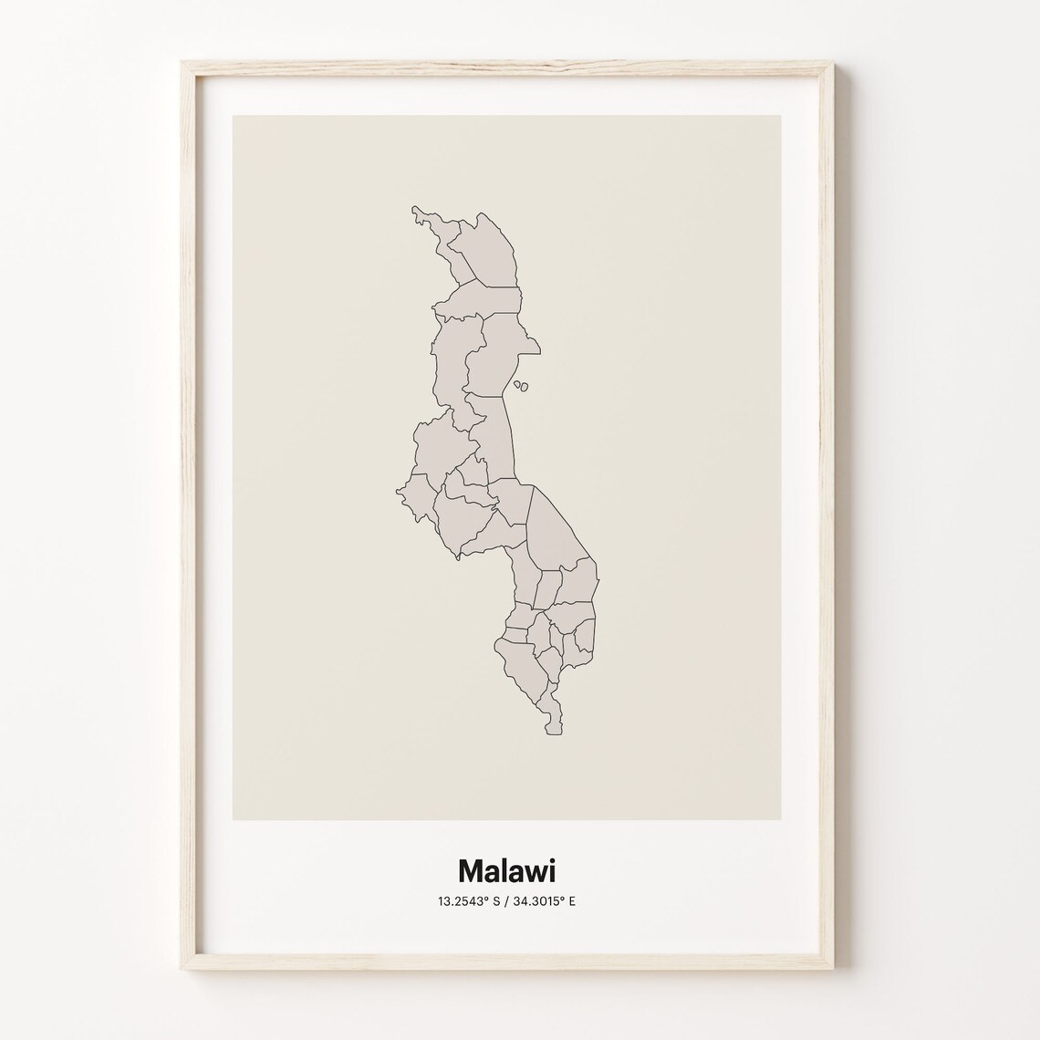 Malawi Minimalist Country Outline Map Beige Coordinate Line Art Poster